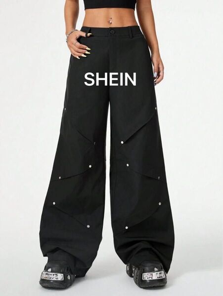 シーイン SHEIN サイドプリーツ スタッズ付 カーゴパンツ ブラック カーゴパンツ ゆったり ボトム 黒 xl