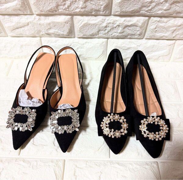 SHEIN ビジュー付き ぺたんこパンプス ローヒール 2点まとめ売り 24.5cm ブラック ローヒール フラットシューズ