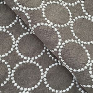 s41-g▼140×50cm▼コットンリネン刺繍生地▼タンバリン柄 グレー ドット サークル ハンドメイド ハギレ 灰色
