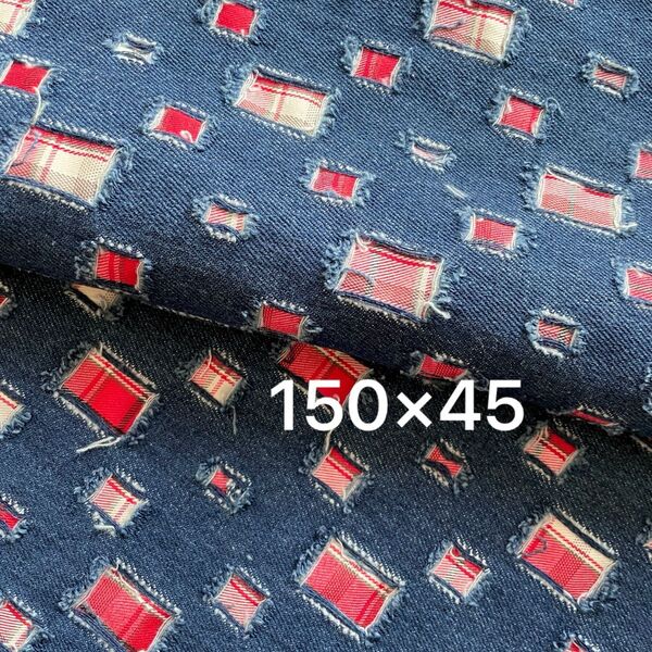 d7-d▼150×45cm▼コットンデニム生地▼チェック クラッシュ レッド ダークブルー 厚手 ダメージ フリンジ