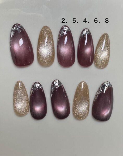26.ネイルチップ 赤 紫 ベージュ ゴールド マグネット ちゅるん ガラス 斜めフレンチ