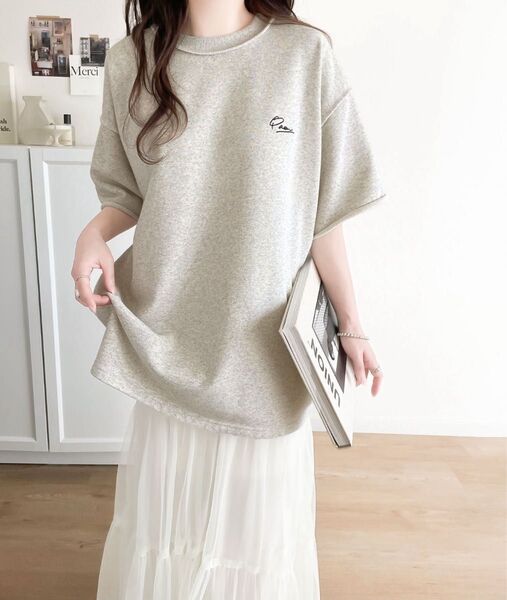 classicalELF/袖口くるりん。ワンポイント刺繍ハーフスリーブ裏毛 オーバーサイズ Tシャツ