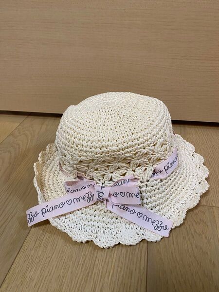 ☆美品☆Mメゾピアノ麦わら帽子白地&ピンクリボン夏ナルミヤ54〜56㎝