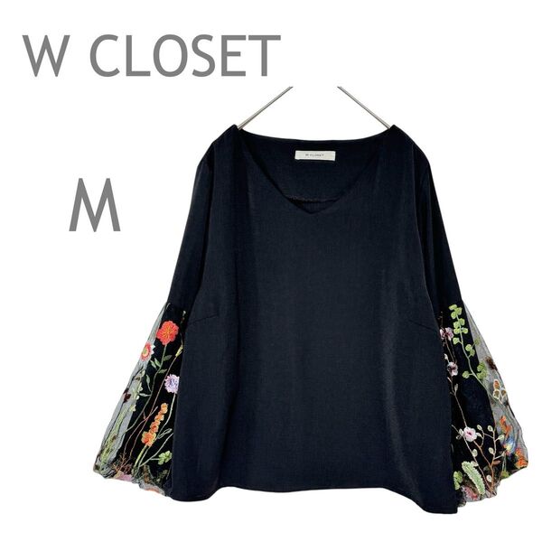 w closet/ダブルクローゼット デザインカットソー トップス 袖レース付き 花柄 7分袖 ボリュームスリーブ M