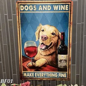 ブリキ看板 BF01 犬とワイン アート プレート 雑貨 レトロ インテリア