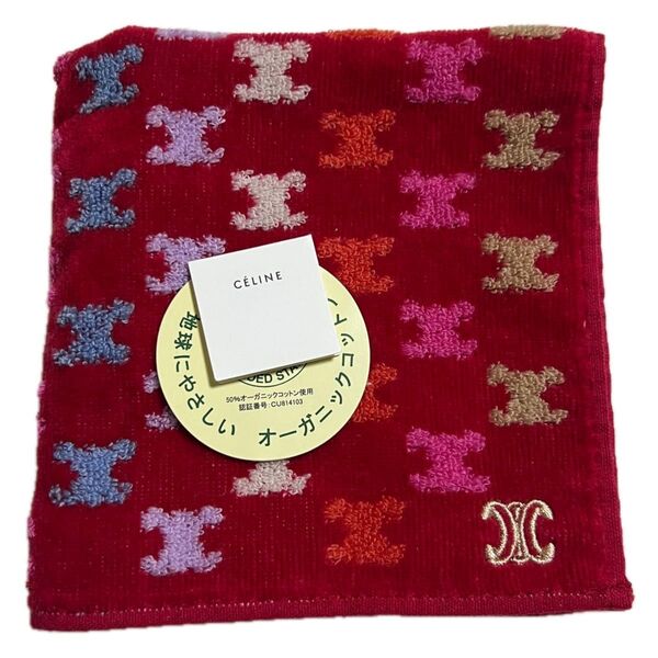☆CELINE☆セリーヌ☆ 新品 タオルハンカチ カラフルマカダム柄×マカダム刺繍 レッド系ベース