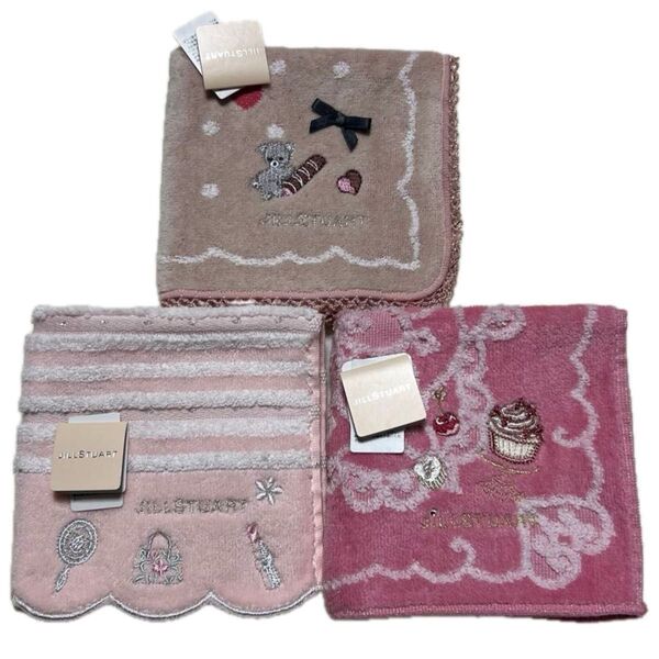 ☆JILLSTUART☆ジルスチュアート☆新品 タオルハンカチ3枚セット リボン付きくま刺繍 コスメ柄刺繍 ストーン付スイーツ刺繍