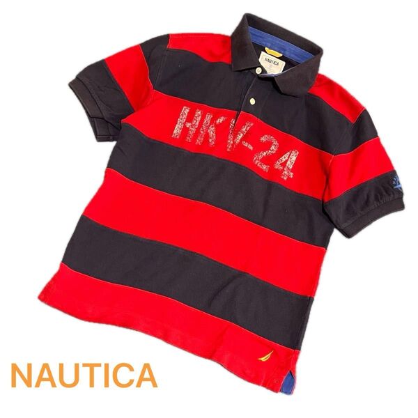 NAUTICA ノーティカ ポロシャツ ボーダー柄 ネイビー ×赤 オールド Sサイズ 半袖 半袖ポロシャツ