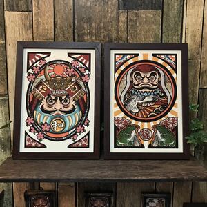 Art hand Auction Porte bonheurs, illustrations de bonne chance, Daruma guerrier, Daruma tatoué, lot de 2, Format B5, avec cadre, bonne chance, amulette, œuvres faites à la main, intérieur, marchandises diverses, panneau, tapisserie