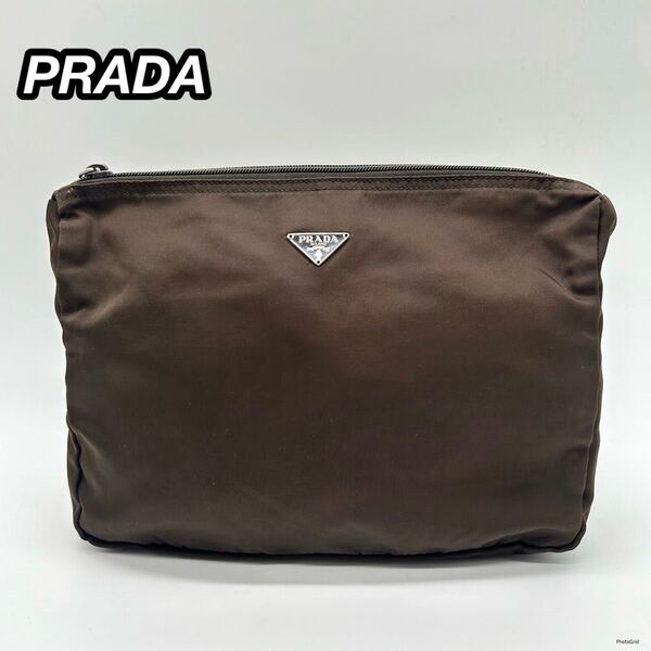 プラダ PRADA テスート ナイロン 化粧ポーチ 三角ロゴ イタリア製 Italy 小物入れ コスメポーチ 大きめ ブラウン