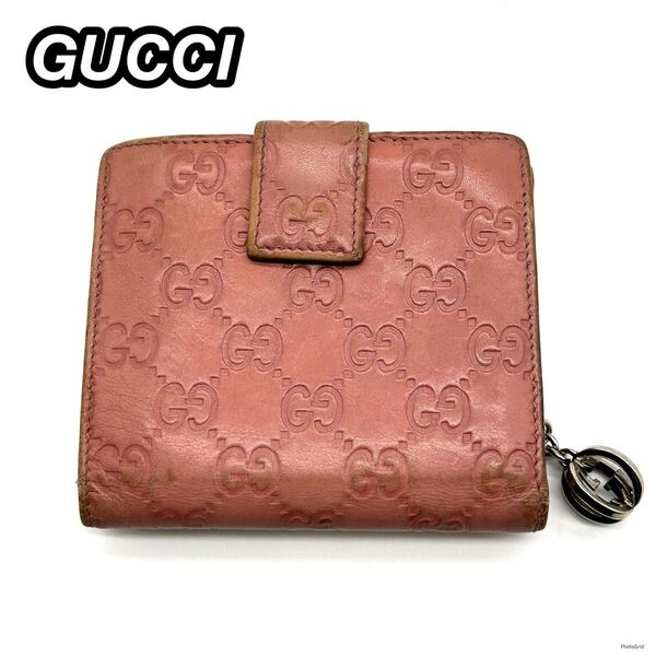 グッチ GUCCI 折りたたみ財布 シマ レザー gg インターロッキングチャーム ピンク 2つ折り カード入れ 札入れ 小銭入れ