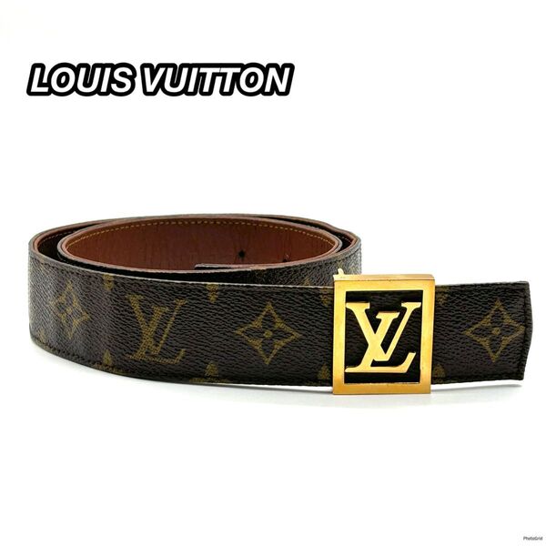 希少 ルイヴィトン LOUIS VUITTON ベルト モノグラム ゴールドスクエア金具 サンチュール LVロゴバックル 穴5つ