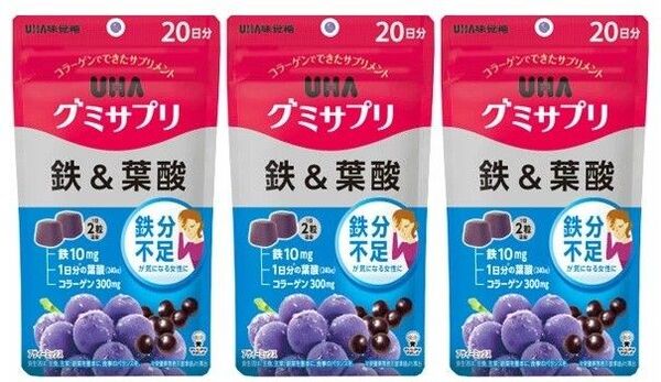 20日分×3袋 UHA味覚糖 グミサプリ 鉄&葉酸 ユーハ味覚糖
