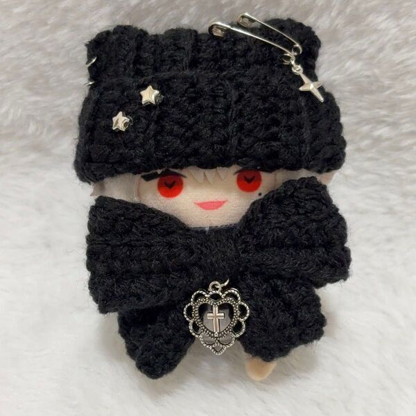【ブラック】でかリボン付き ネコ耳 ニット帽 10cm にじぱぺっと ぬい服