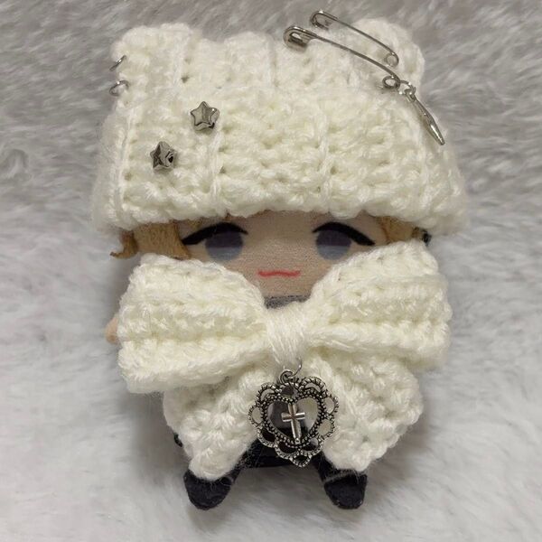 【ホワイト】でかリボン付き ネコ耳 ニット帽 10cm にじぱぺっと ぬい服