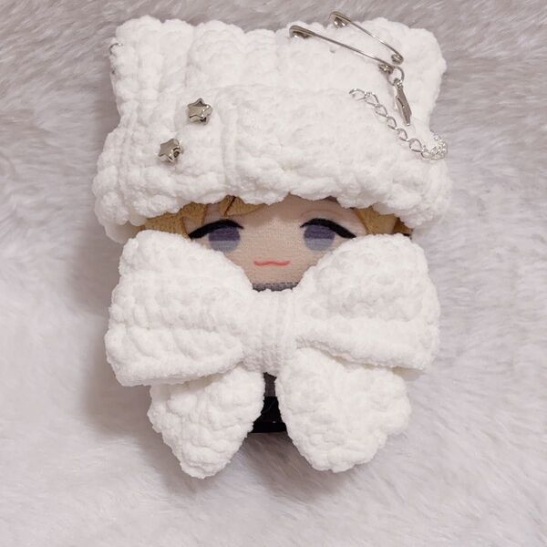 【もこ白黒】でかリボン付き ネコ耳 ニット帽 10cm にじぱぺっと ぬい服