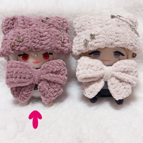 【ピンク】でかリボン付き ネコ耳 ニット帽 10cm にじぱぺっと ぬい服