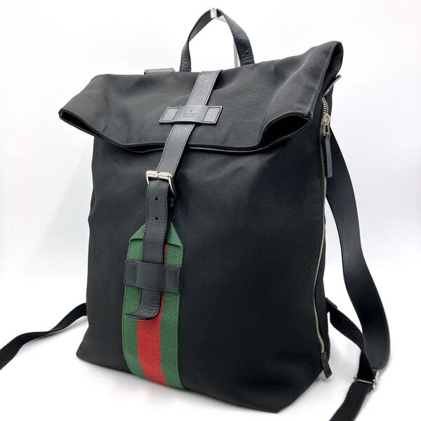 【美品】GUCCI グッチ リュックサック バックパック デイパック シェリーライン 大容量 ブラック キャンバス レザー