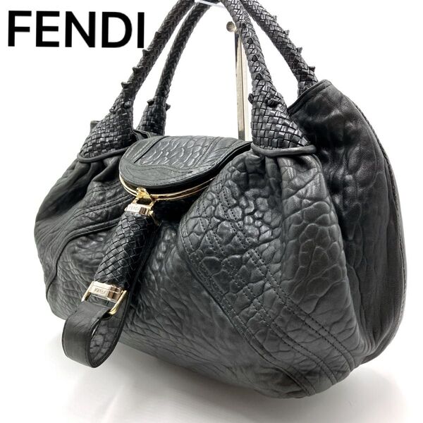 【美品】FENDI フェンディ スパイバッグ ズッカ レザー 編み込み ブラック ハンドバッグ トートバッグ ショルダーバッグ