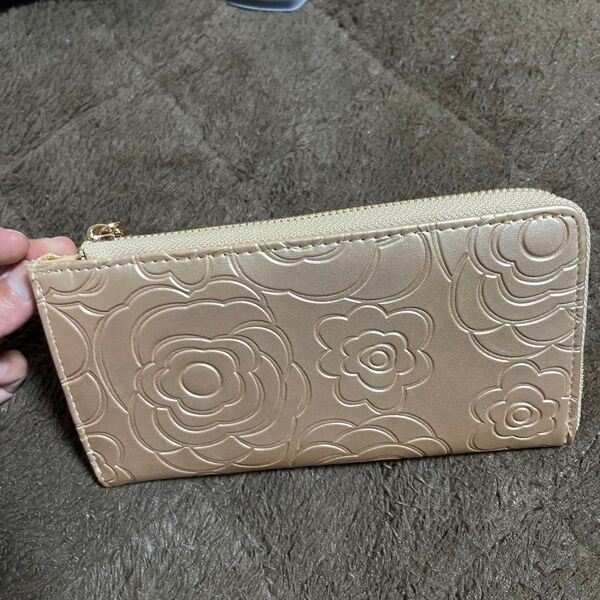 【9】長財布 花柄型押し ゴールド KM-005