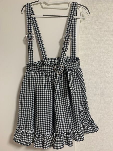 夢展望ディアマイラブ サスペンダー ハートベルト ビジュー フリル スカート ミニスカート サロペット ギンガムチェック 黒 3L