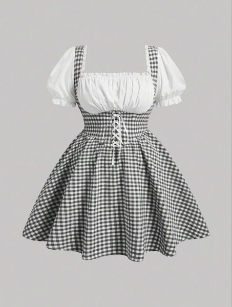 SHEIN ワンピース メイド服 ギンガムチェック フリル ロリータ ゴスロリ 地雷系 量産型 ミニワンピース 半袖