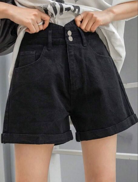 SHEIN ハイウエスト ロールアップ ショートパンツ デニム ブラック 短パン ボトムス