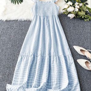 SHEIN ロングワンピース 水色 ギンガムチェック マキシ丈 フリル