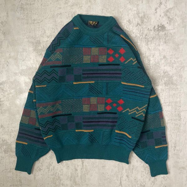 90s vintage Knit 総柄 デザインニット デザイン 1点物 古着 セーター 幾何学模様 Lサイズ マルチカラー