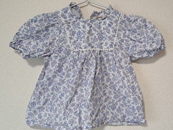 120サイズ プティマイン 花柄ヨークチュニック トップス 半袖 キッズ服 女の子 パープル 紫色 綿