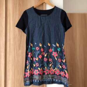 美品 花柄 刺繍 半袖 チュニック ワンピース ネイビー 紺 フリーサイズ
