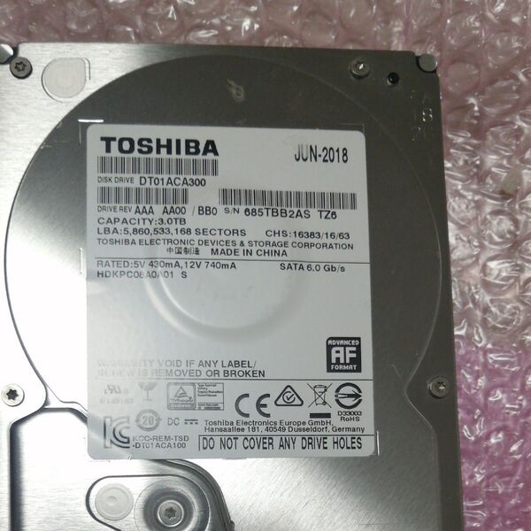 TOSHIBA 3TB HDD DT01ACA300 2018年製、使用8386時間、到着後3日間、動作保証あり