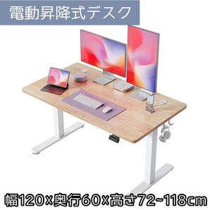 電動昇降式デスク スタンディングデスク 120×60cm 上下昇降式 オフィス 机 テーブル パソコンデスク フック インテリア