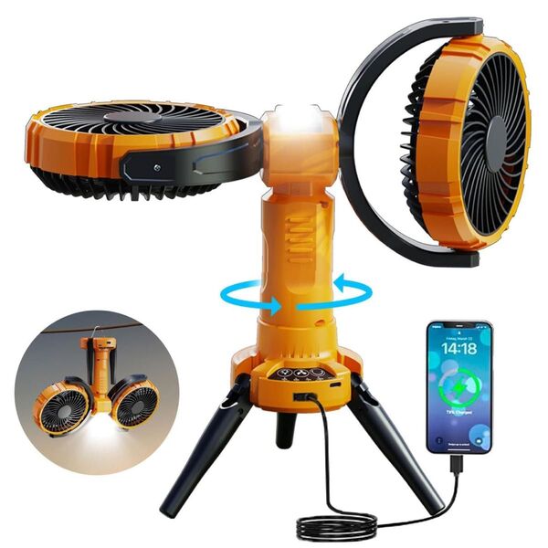 双方向 扇風機 吊り下げ アウトドア 360° 充電式 自動首振り LEDライト 車中泊 type-C充電式 強力送風 卓上