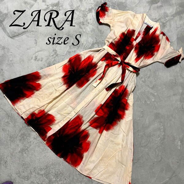 ZARA ワンピース 花柄 赤 黒 Sサイズ リボン 綿 ボタンワンピース