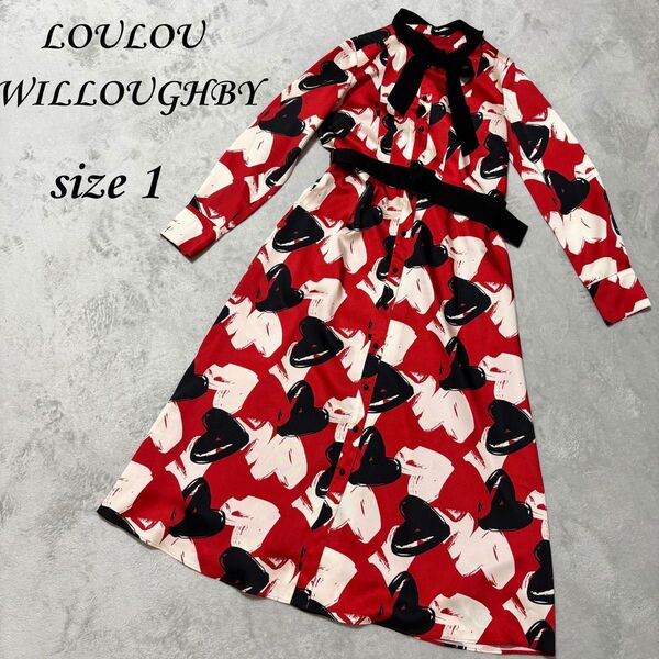 Loulou Willoughby ハート柄ワンピース size 1 ルルウィルビー 赤 ベルト付き リボンタイ 即完品