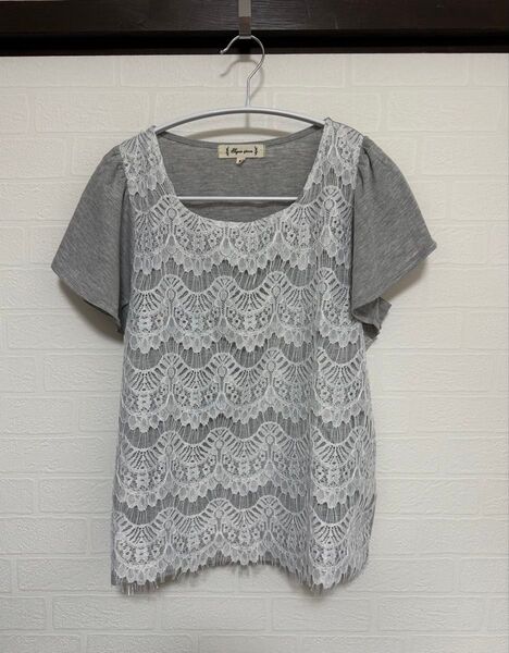 白レース トップス Tシャツ グレー色 半袖カットソー レース