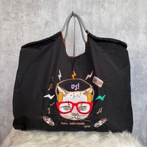 韓国 刺繍エコバッグ 猫柄 L エコバッグ 黒 ブラック トートバッグ