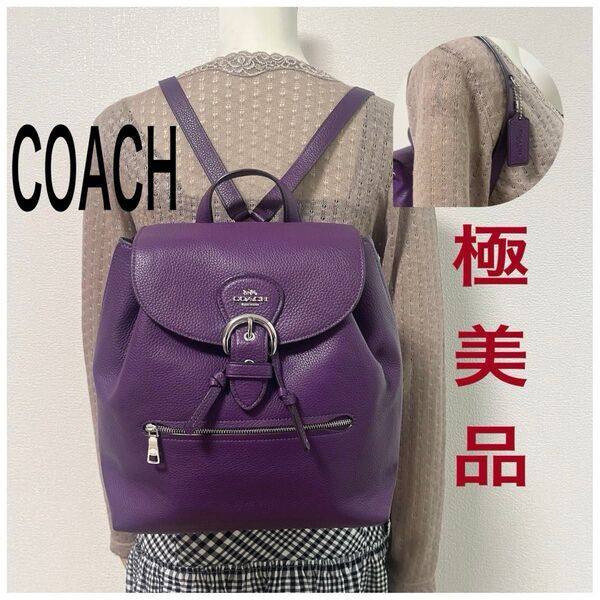 【タイムセール!極美品】COACH コーチ リュックサック バックパック 巾着 レザー シルバー金具 パープル系 チャーム付き