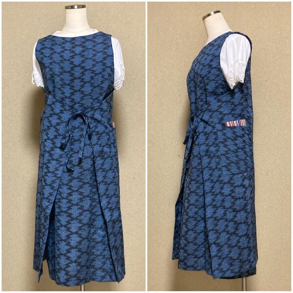 稲妻柄の青紬 4wayワンピースエプロン チュニック ジャンスカ 着物リメイク ハンドメイド