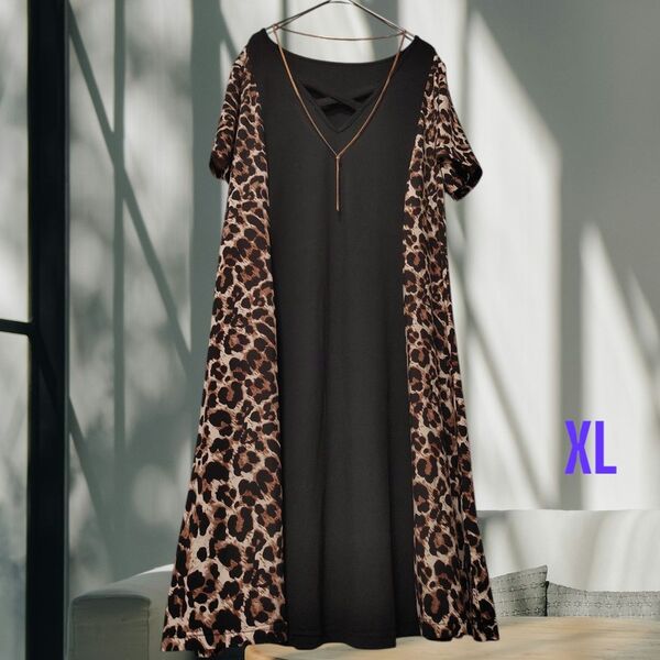 XL 黒とヒョウ柄のひざ丈ワンピース チュニック
