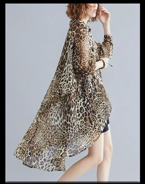 【新品】レオパード柄ヒョウ柄 シフォン ロングシャツ(ゆったりフリーサイズ)