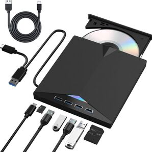 外付けDVD CDドライブ USB-A+Type-c ポータブル 読み取り 書き込み対応 Windows7-11/Mac OS