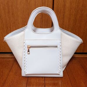 美品ハンドバッグ 合成皮革×キャンバス カバン/鞄 白/ホワイト/2way ショルダーバッグ