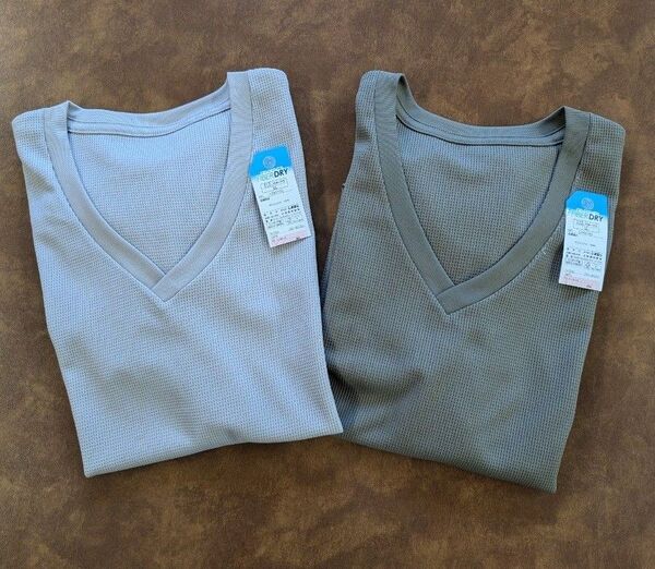 新品 2L ファイバードライ メンズ ワッフル素材 Vネック半袖Tシャツインナー