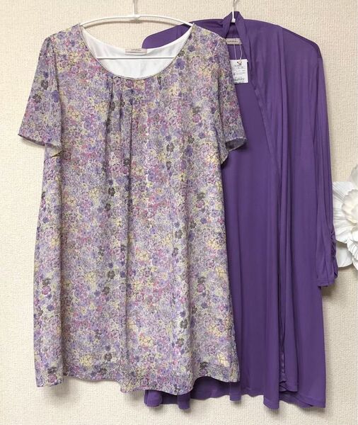 アリスバーリーL 花柄半袖チュニック 七分袖アウター L13号 パープル新品美品