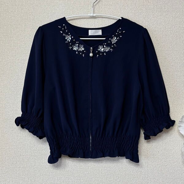 ロディスポット スパンコール花パール ノーカラー 五分袖ジャケット M 紺 美品