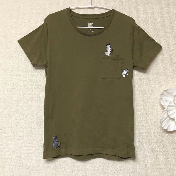 グラニフ 石黒亜矢子デザイン猫刺繍TシャツSSモスグリーン美品レディースS化け猫
