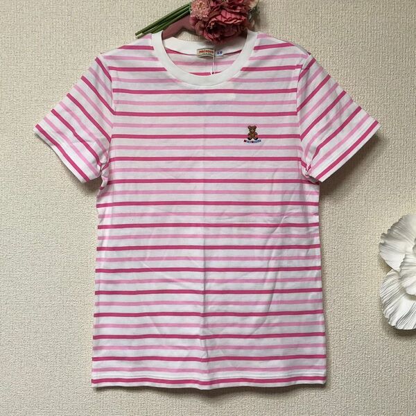 ミキハウスピンクボーダー柄クマ刺繍半袖TシャツS7号新品キッズ150-160cm