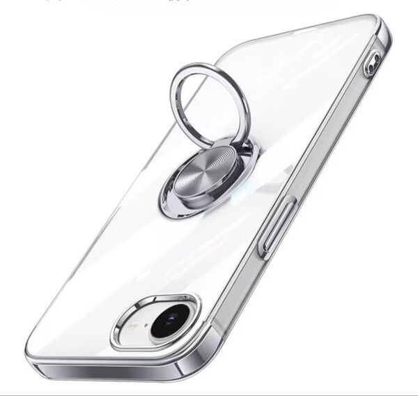 iPhone16e リング付きクリアケース シルバーメッキフレーム ソフトケース 耐衝撃 軽量 薄型 ストラップホール付き